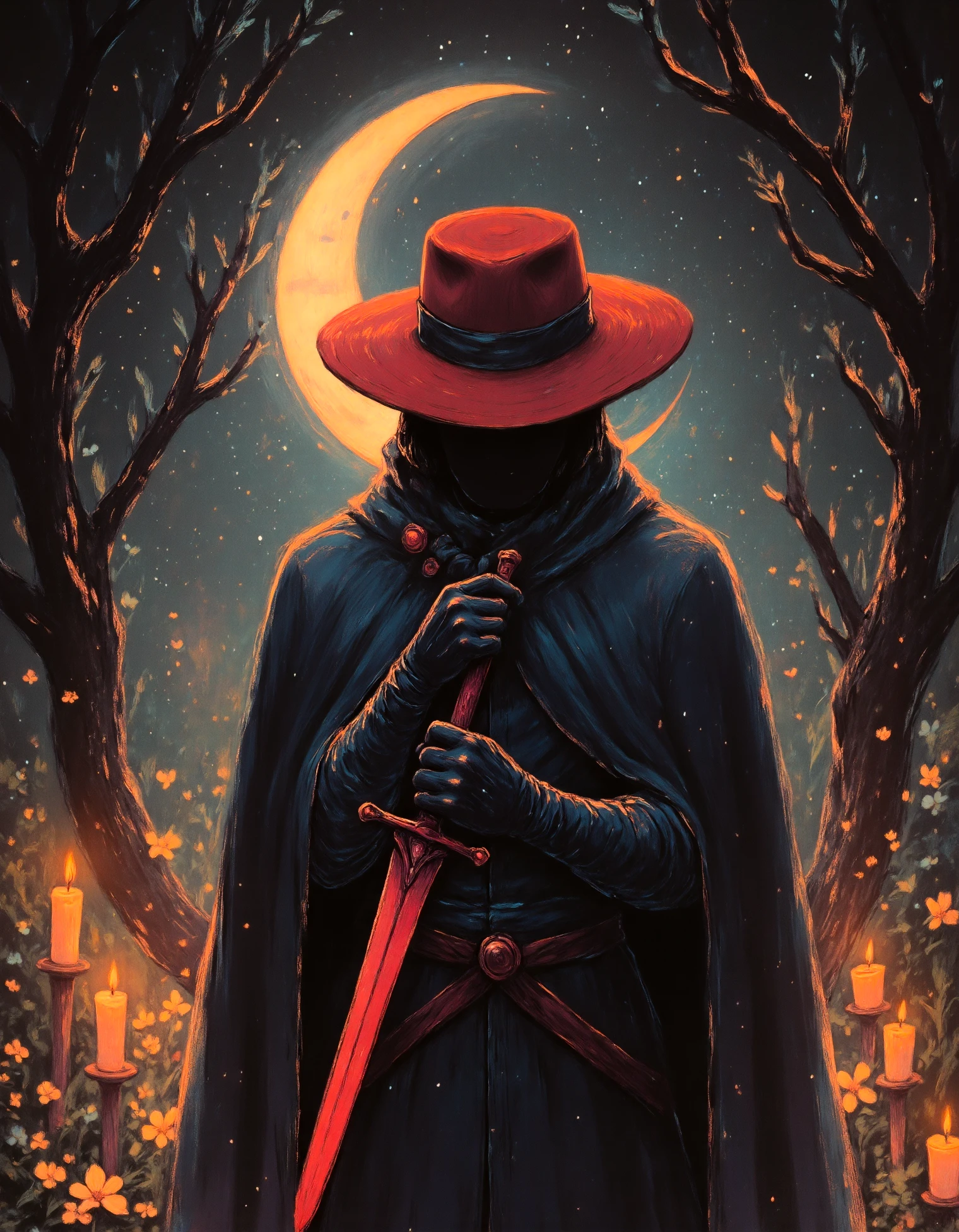 zavy-blckpnt, Highly detailed dark cinematic scene. A figure stands with a long cape draped over their light armor, wearing a big red American hat that obscures their face as the head tilts downward. hold an intricately red hunter sword in one hand cross his body. Twisted dead trees and scattered candles surround them, with a crescent moon glowing faintly behind. The atmosphere is dark, eerie, and melancholic