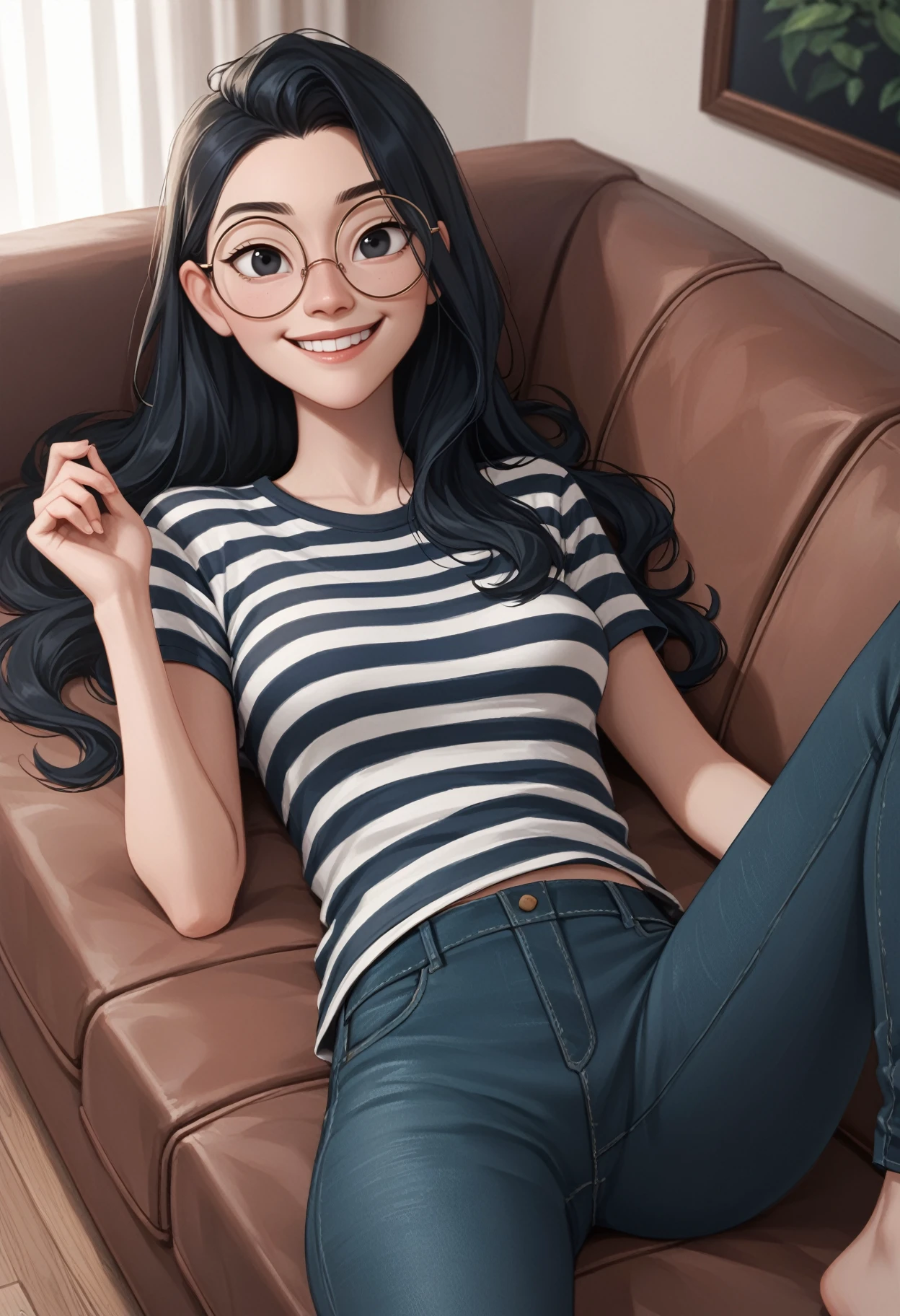 zPDXL3, score_9, score_8_up, score_7_up, score_6_up, score_5_up, score_4_up, 
1girl, solo, medium breasts, 
crazy smile, on back,
striped shirt, lowleg pants, round eyewear, 
living room,
<lora:Coral Island - Lily:0.6> cilily, black hair, long hair, black eyes,