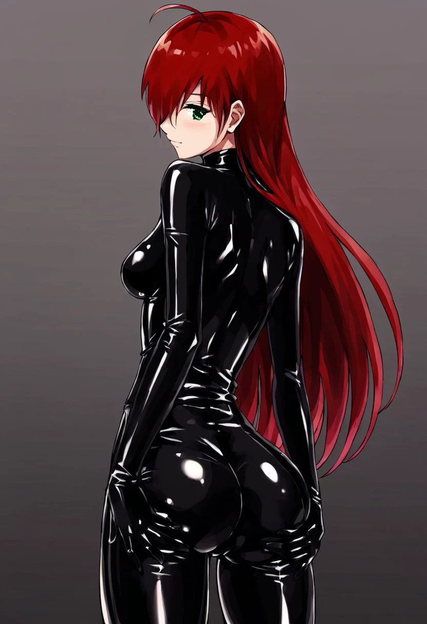 Girl in anime style in the form of a fox, with long red hair standing in tight latex underwear with her head down