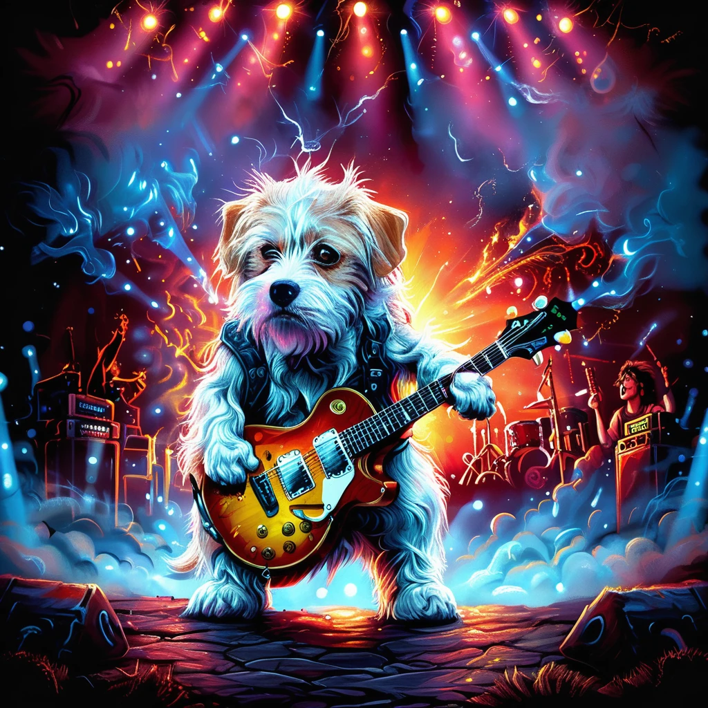 Hyperrealistic, crystal-clear portrait of a  <lora:ZIP_SDXL:1> zip dog looking at the viewer Walking on stage playing his guitar  <lora:1980s_Fantasy_Style_test_2:0.3> 1980s Fantasy Style, vivid color <lora:Rock_Concert:0.8> r0ckc0ncert, on stage, light show, smoke, band, instruments <lora:tbh160-sdxl:0.8> style of Dan Mumford  ith super sharp details and vivid colors, intricate textures, and pristine clarity.