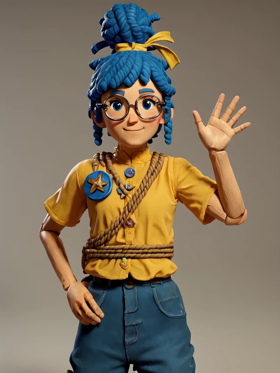 score_9, score_8_up, score_7_up, score_6_up, BREAK, ItTakMay, solo, 1girl, blue eyes, glasses, blue hair, hair ribbon, yellow shirt, button badge, rope, blue pants, upper body, smile, looking at viewer, raise left han, waving, indoor <lora:May:0.8>