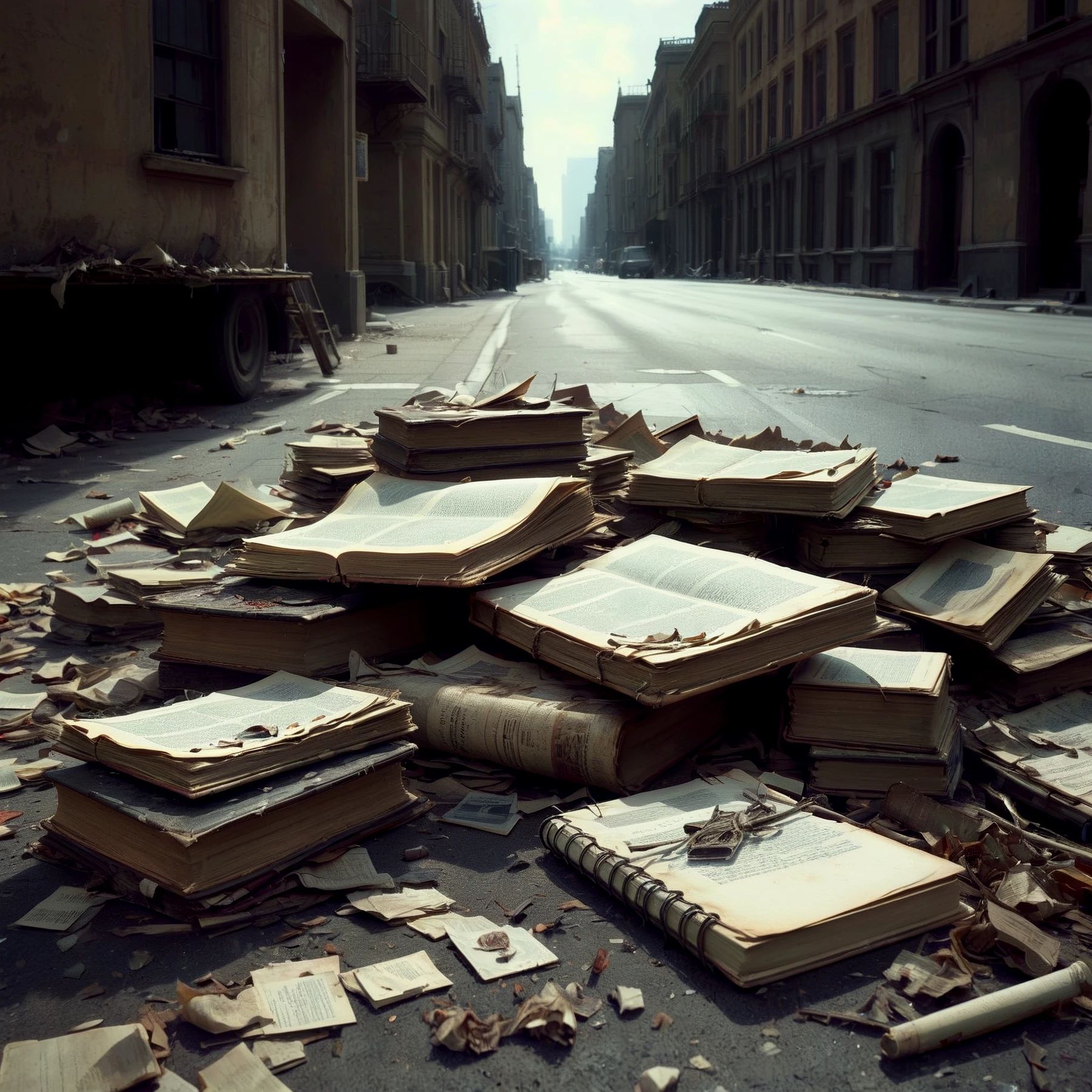 Ancient books lying in the street, pages fluttering in the breeze, decaying, fragile,.

<lora:UrbanDecay01_CE_SDXL_64x32x120x2bOT:1> urbndcyCE style