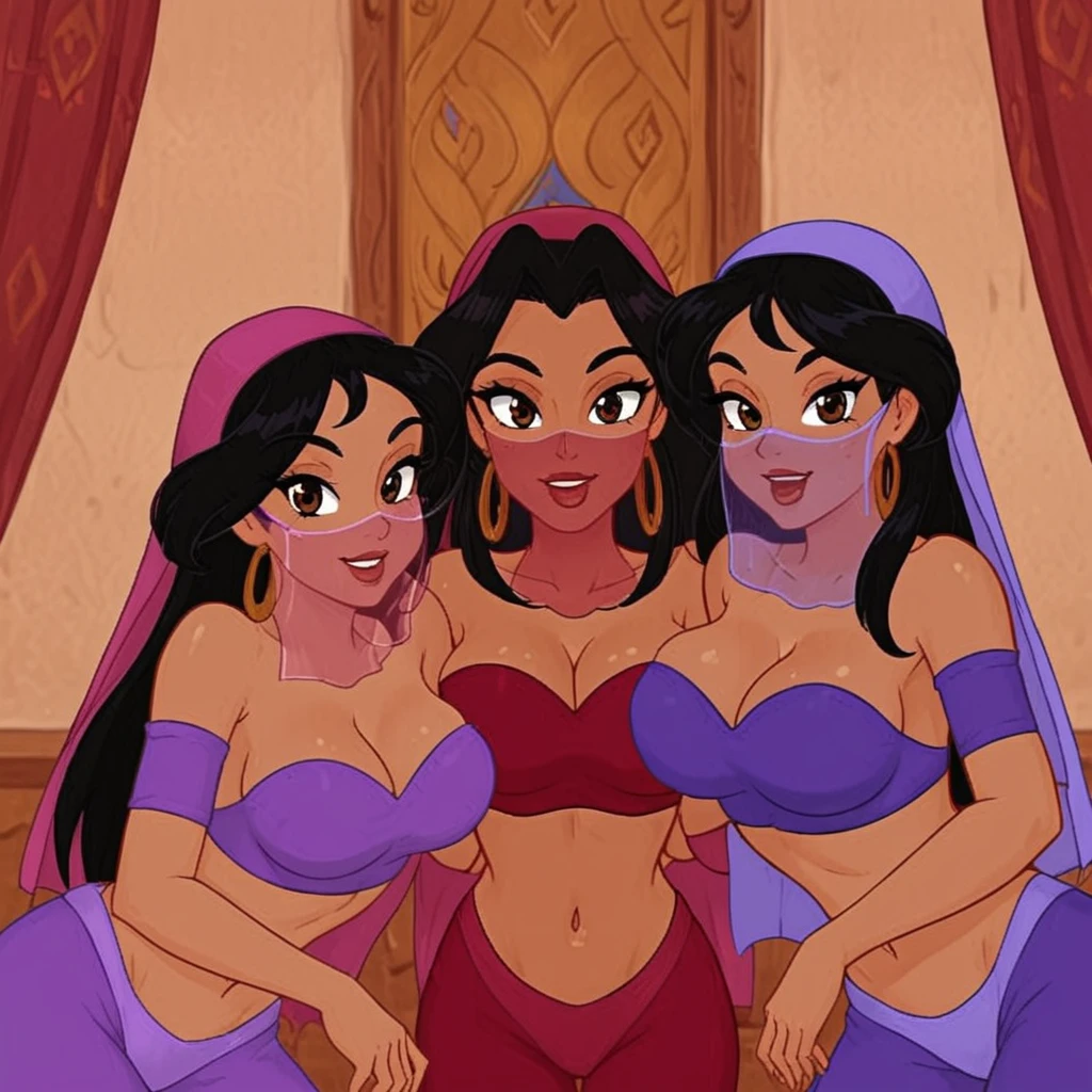 Expressiveh,harem_girls, purple outfit, pink outfit, red outfit, 3girls, girls, brown skin, black hair, cleavage, harem pants, face veil, bust shot, smile, looking at viewer