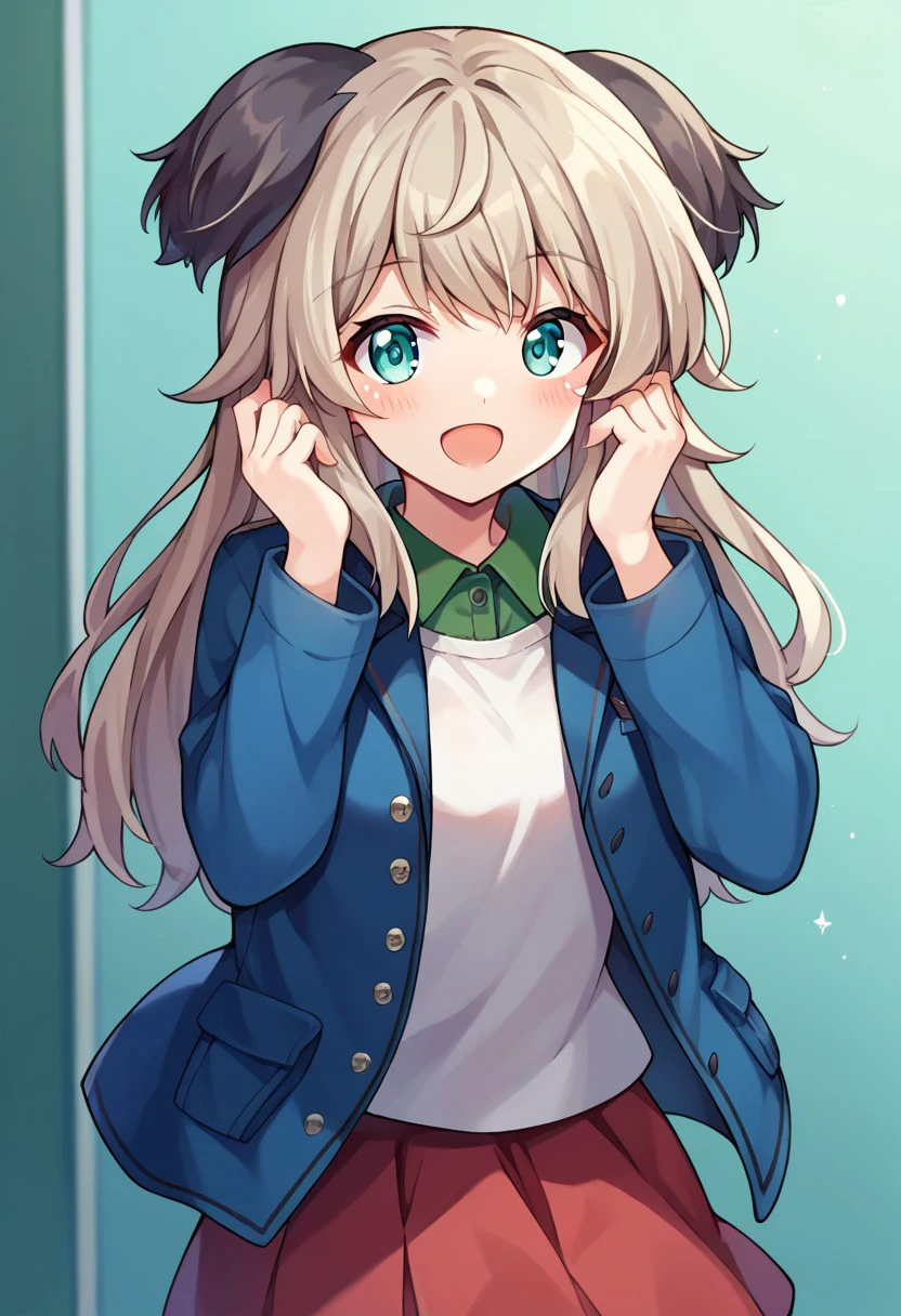 score_9, score_8, score_7, source_anime, virginia robertson, 1girl, solo, blush, open mouth, smile, looking at viewer, animal ears, skirt, shirt, jacket