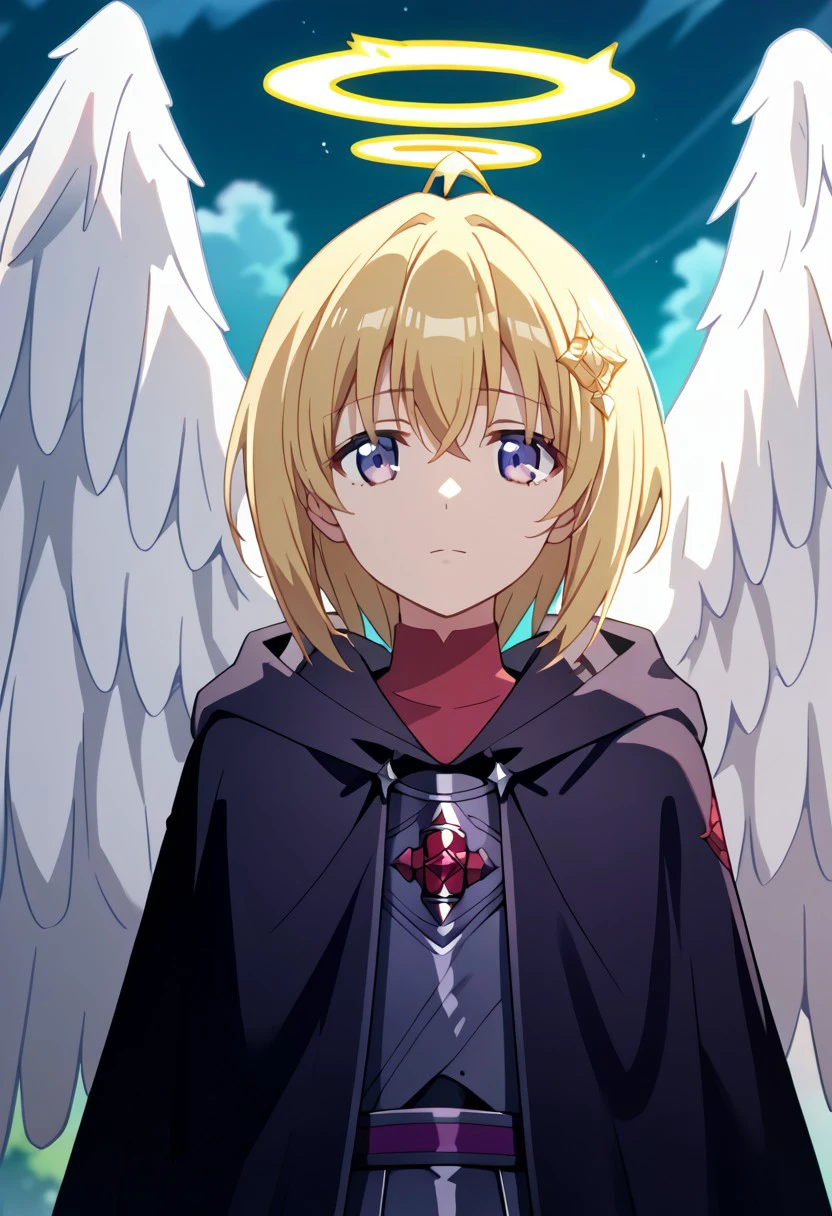 score_9,score_8_up,score_7_up,source_anime, Kaede Honjou (Loving Sacrifice),1girl,solo,looking at viewer,1boy,purple eyes,upper body,male focus,wings,hood,halo,feathered wings,cloak,angel wings,white wings,angel,hooded cloak,