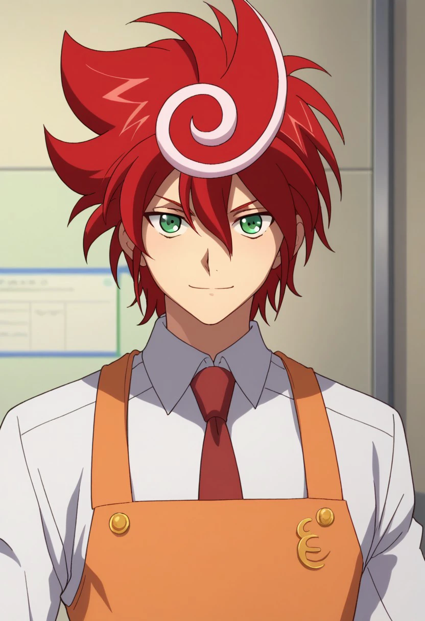 score_9, score_8_up, score_7_up, source_anime, highly detailed, 
chrono_nx, 1boy, male focus, solo, red hair, streaked hair, multicolored hair, green eyes, shirt, collared shirt, white shirt, necktie, red necktie, apron, orange apron, upper body, smile, closed mouth
indoor, games shop,