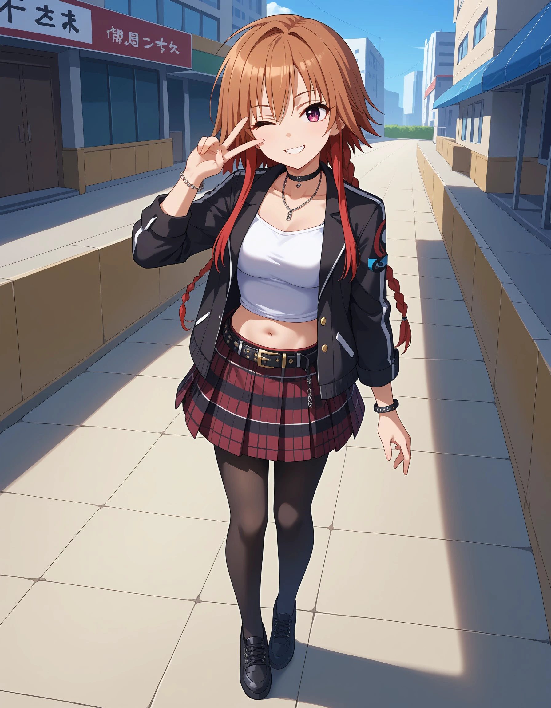 (masterpiece), best quality, expressive eyes, perfect face,skirt, one eye closed, jewelry, pantyhose, long hair,  jacket, smile, looking at viewer, two-tone hair, breasts, black jacket, braid, navel, plaid, necklace, choker, midriff, belt, full body, miniskirt, open clothes, red hair, open jacket, bracelet, brown hair, collarbone, black pantyhose, plaid skirt, asuka_n, <lora:d93be3bb-a649-4b2a-86ec-3ce1fce180b8:0.7>