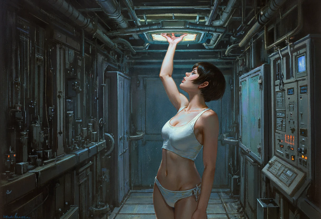 Lieutenant Ripley, character from the movie Aliens, in the interior environment of the ship, gloomy atmosphere, bleak outlook, full body nude shapely, naked big tits, naked vagina, oiled body, sweaty body, round perfect hips, erotic pose seductive