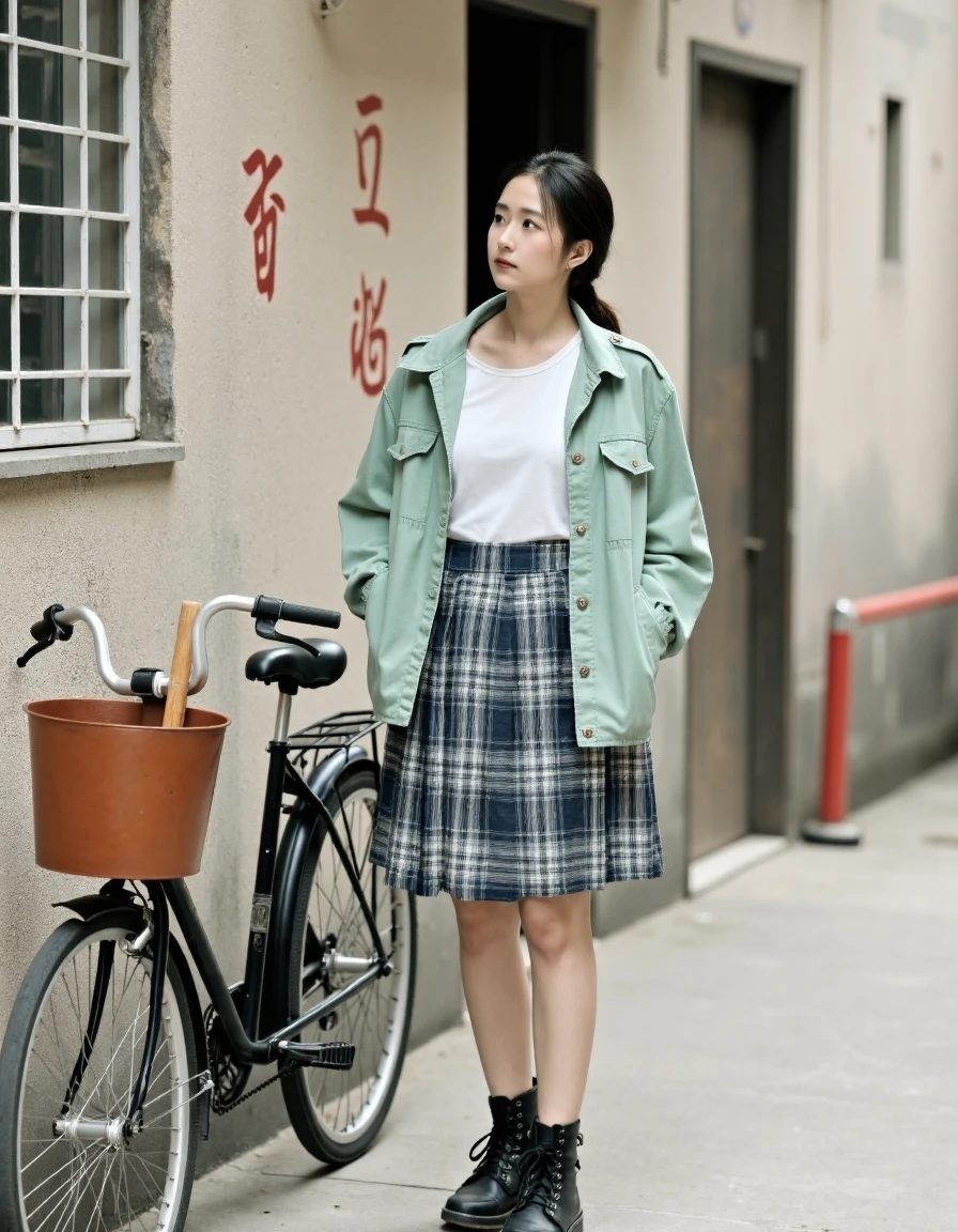 xiancheng, xiancheng, This is a photograph featuring a young woman standing outdoors in front of a building with a rustic, weathered appearance. She has a light brown complexion and dark hair styled in a ponytail. She wears a light green denim jacket, a white T-shirt, and a knee-length, pleated plaid skirt in shades of navy blue, white, and black. Her outfit is complemented by black, lace-up combat boots. She stands beside a vintage bicycle with a brown basket on the front and a wooden pole leaning against the building. The bicycle has a simple design, with a black frame and a single gear. The building's facade is made of rough, textured concrete, with a window on the left side and a red, faded Chinese character visible on the wall. The window has white frames and a slightly grimy glass. The ground is a light gray concrete slab, and the overall atmosphere suggests a casual, urban setting, possibly in a city or a small town. The photograph captures a candid moment, with the woman looking to her right, her expression contemplative.,  <lora:xiancheng_F1_V1.0_sampon:1.2>,