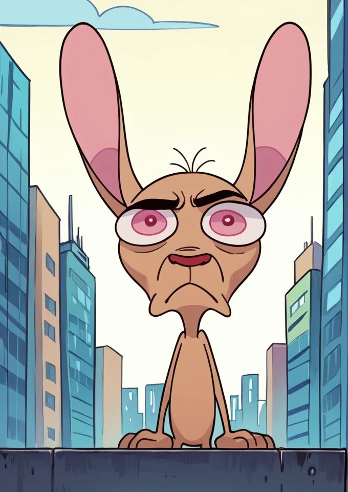 score_9, score_8_up, score_7_up, rating_safe, r3nAndSt1Mpy, ren, cartoon dog, skinny, big eyes, rabbit ears, grumpy, city background <lora:The_Ren__Stimpy_Show_-_1991_-_Pony:0.9>,