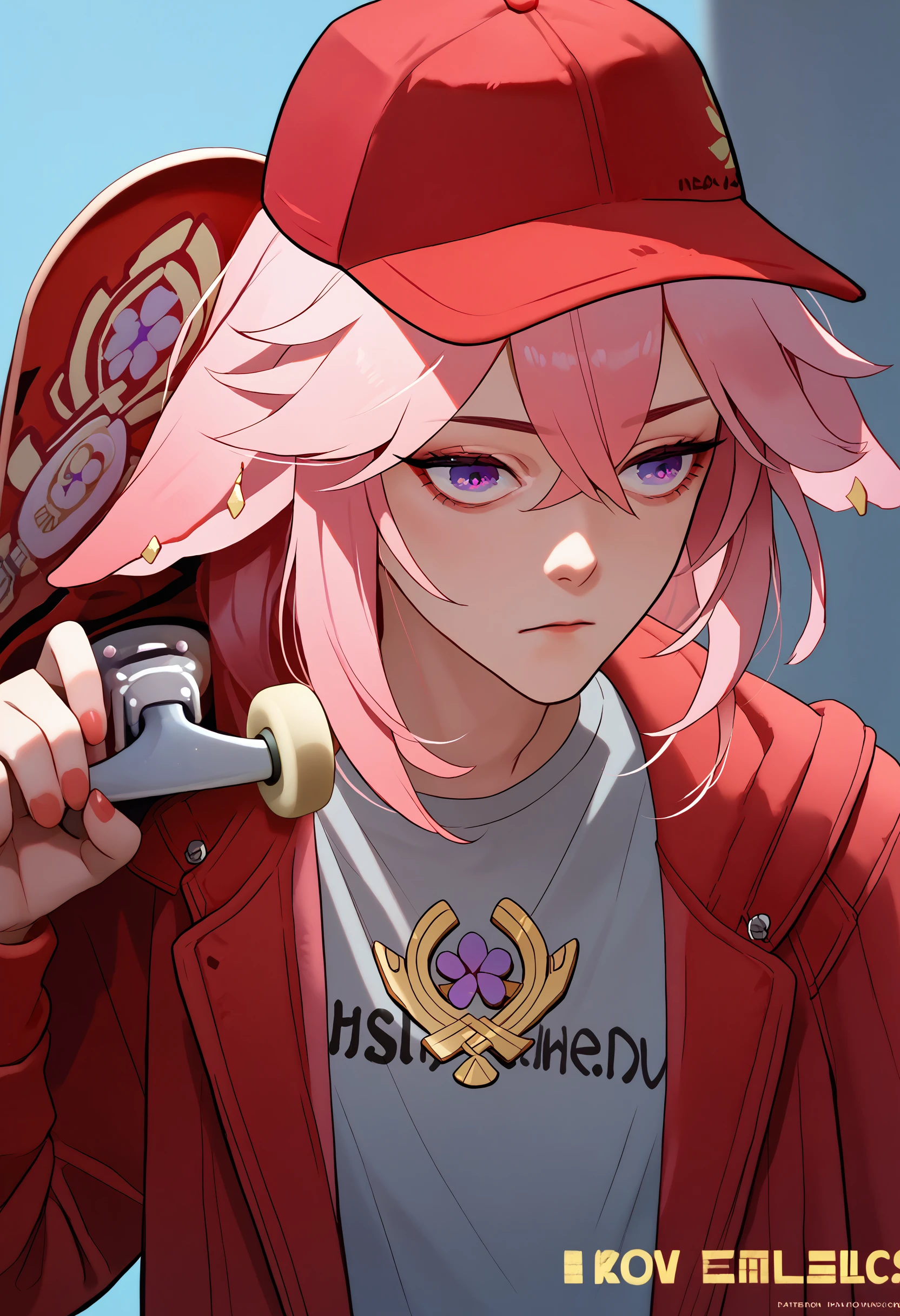 score_9, score_8_up, score_7_up, 1girl, holding skateboard, upper body <lora:HowDoYouDoFellowKidsMeme_pdxl_Incrs_v1:1>, yae miko, red jacket, red headwear