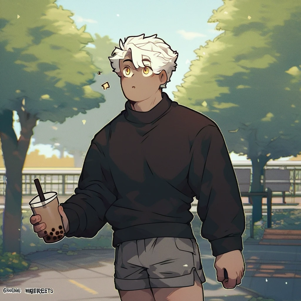 score_9_up, score_8_up, score_7_up, mikus-revereets, black body, white hair, yellow eyes, park, holding, bubble tea, black sweater, gray shorts, 1boy, solo