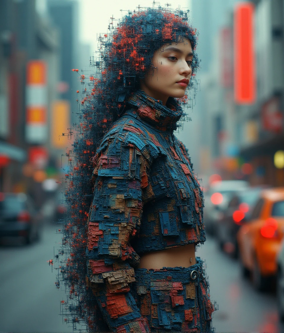 glitch-tech style,a beautiful female standing on the street