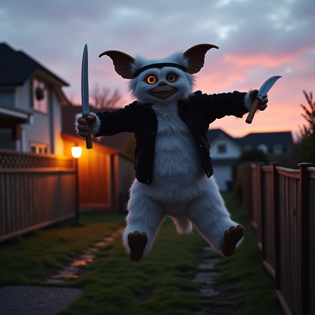 a mogwai  jumping over a fence wearing a hairband and a knife, at dusk in a suburban neighborhood