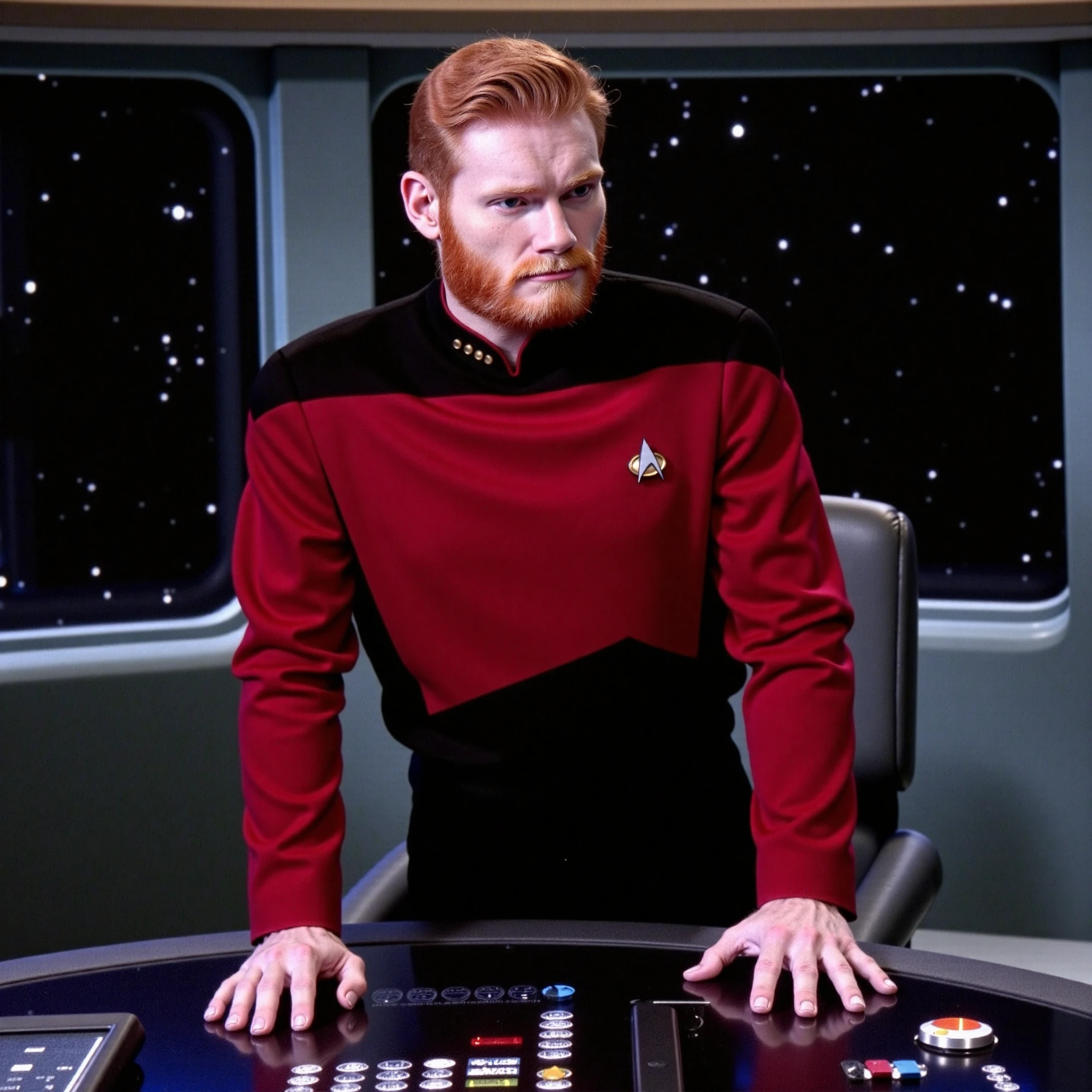 full body,young fat ginger haired man with a moustache in twokunf , sitting on a chair,on starship,smiling, 8k uhd, dslr, soft lighting, high quality, film grain,masterpiece quality,Fujifilm XT3<lora:TWOKunf:0.8>
