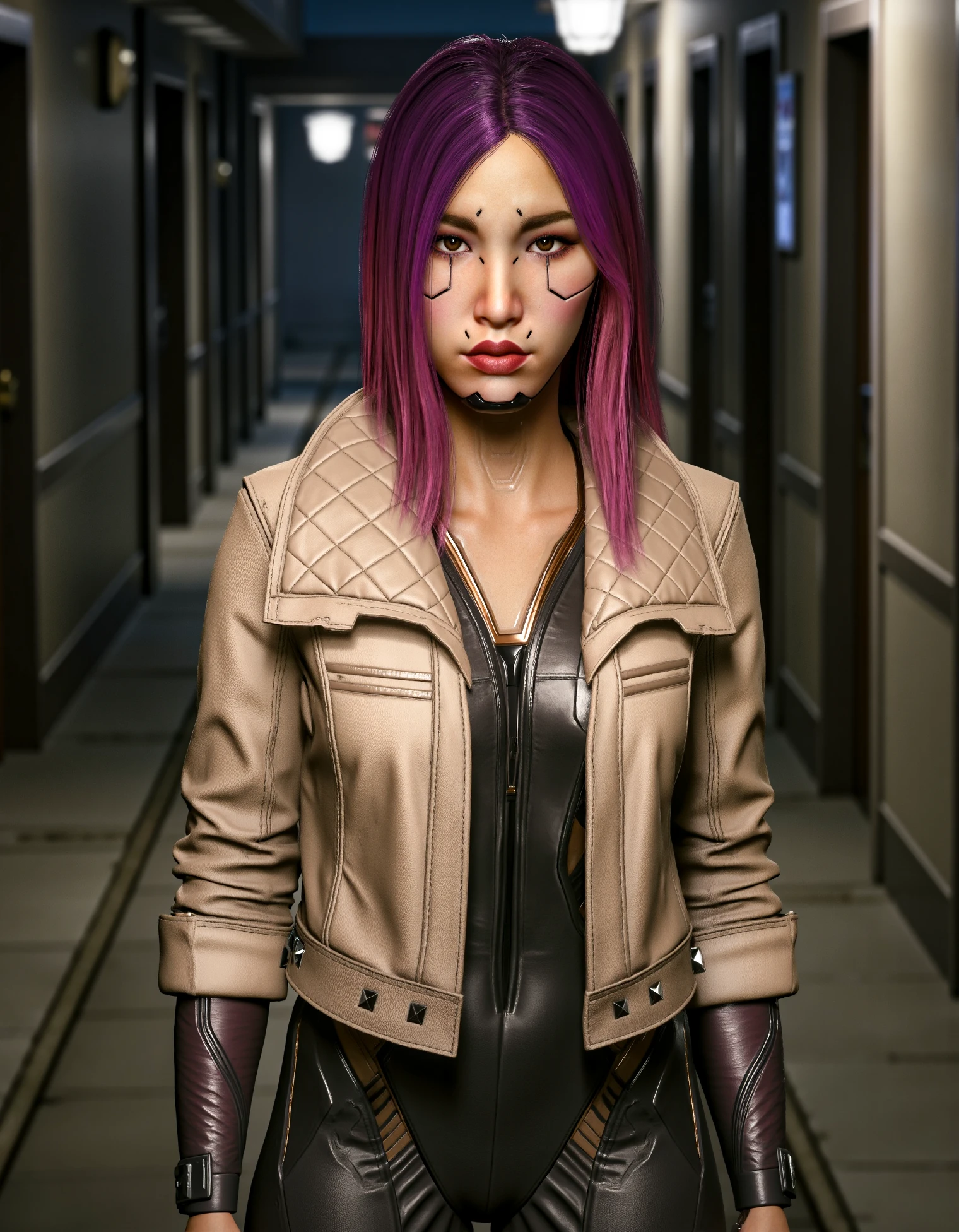 zavy-sngbrd-flx, sngbrd-cbrspc, the front view of a woman with vibrant purple hair wearing a beige leather quilted jacket with rolled up sleeves over her synthetic netrunner bodysuit covering her entire body including her arms. The environment is a dark alley at night