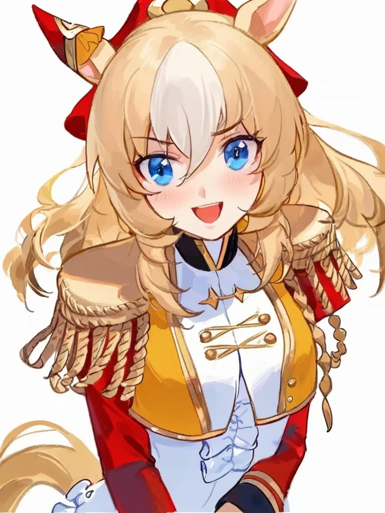 <lora:Durandal_kxl:1>,white_background, durandal (umamusume), open_mouth, solo, yellow_jacket, pants, epaulettes, cropped_jacket, red_jacket, horse_girl, smile, ear_ornament, 1girl, blush, looking_at_viewer, simple_background, long_sleeves,frills,masterpiece,newest,absurdres,sensitive,iloranko,migolu,ask \(askzy\),maccha \(mochancc\),