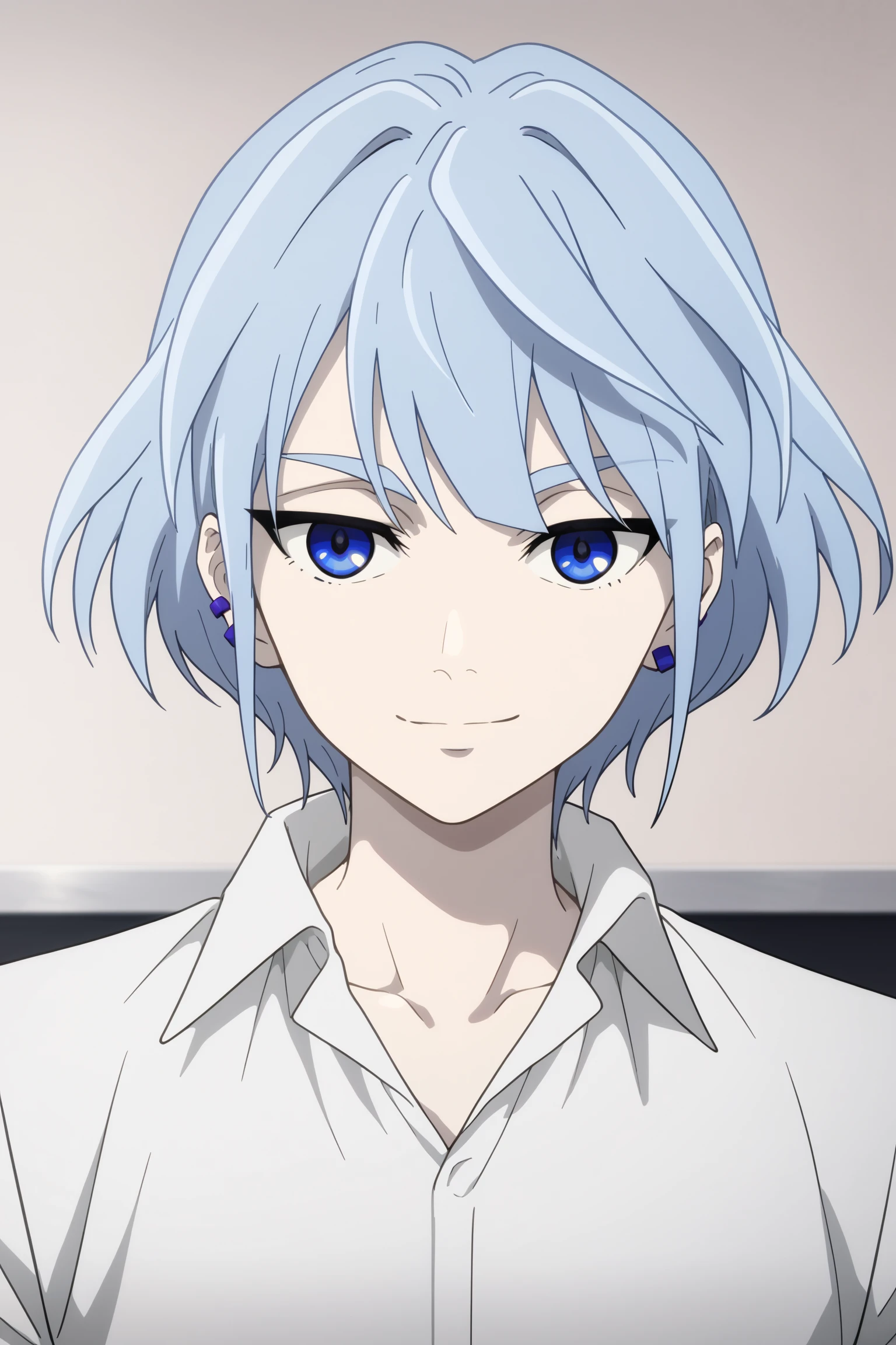 score_9, score_8_up, score_7_up, source_anime, absurdres, ((portrait, close up, perfect anatomy)), 1boy, solo, male focus, toned, white shirt, ((slim, khun, light blue hair, dark blue eyes, earrings, tsurime, pale skin)), black eyeliner, seductive smile, (leaning back), background