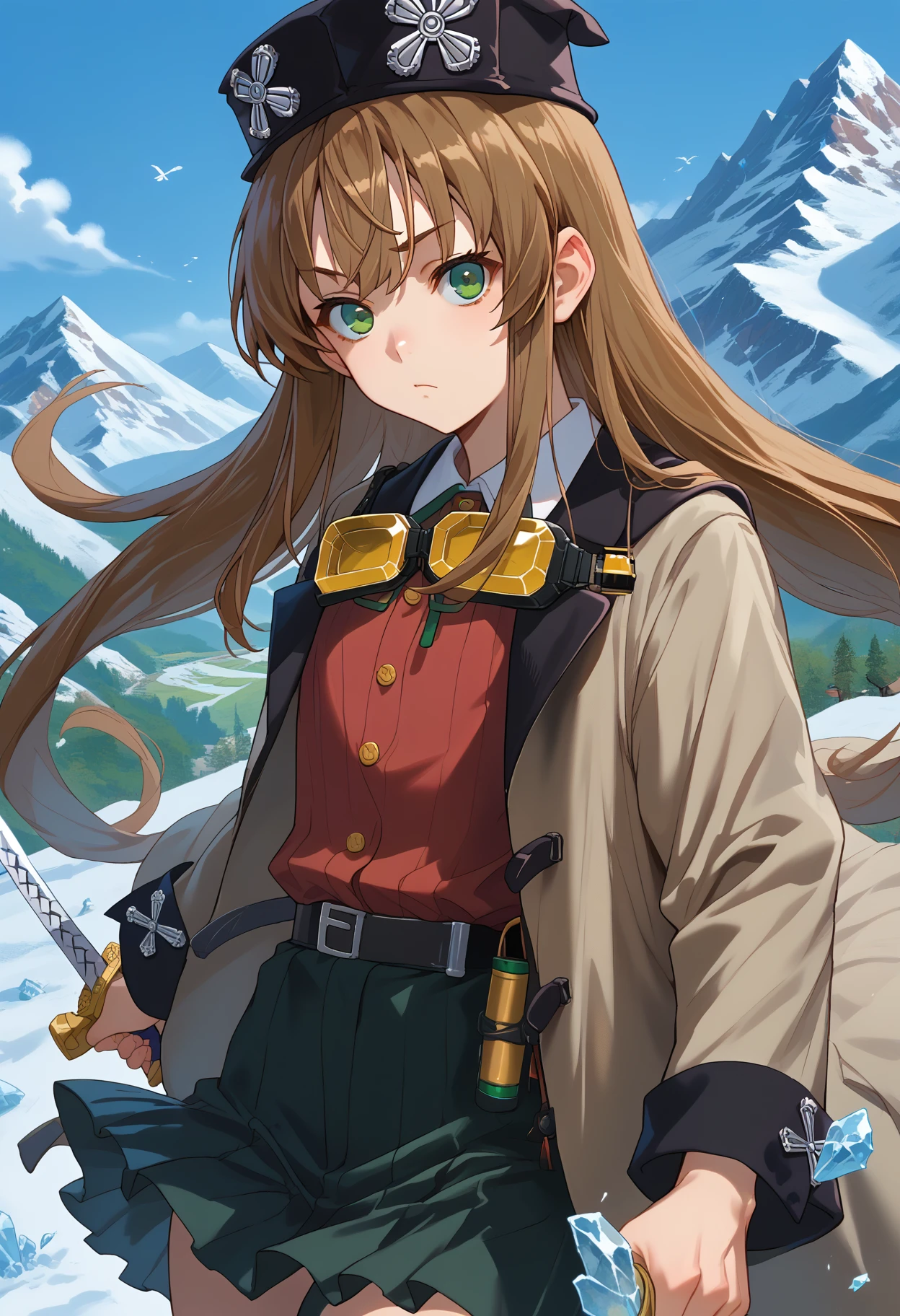 score_9, score_8_up, score_7_up, source anime, el mofus, long hair, green eyes, brown hair, red shirt, black headwear, black pleated skirt, belt, goggles around neck, brown coat, holding sword, ice mountain,