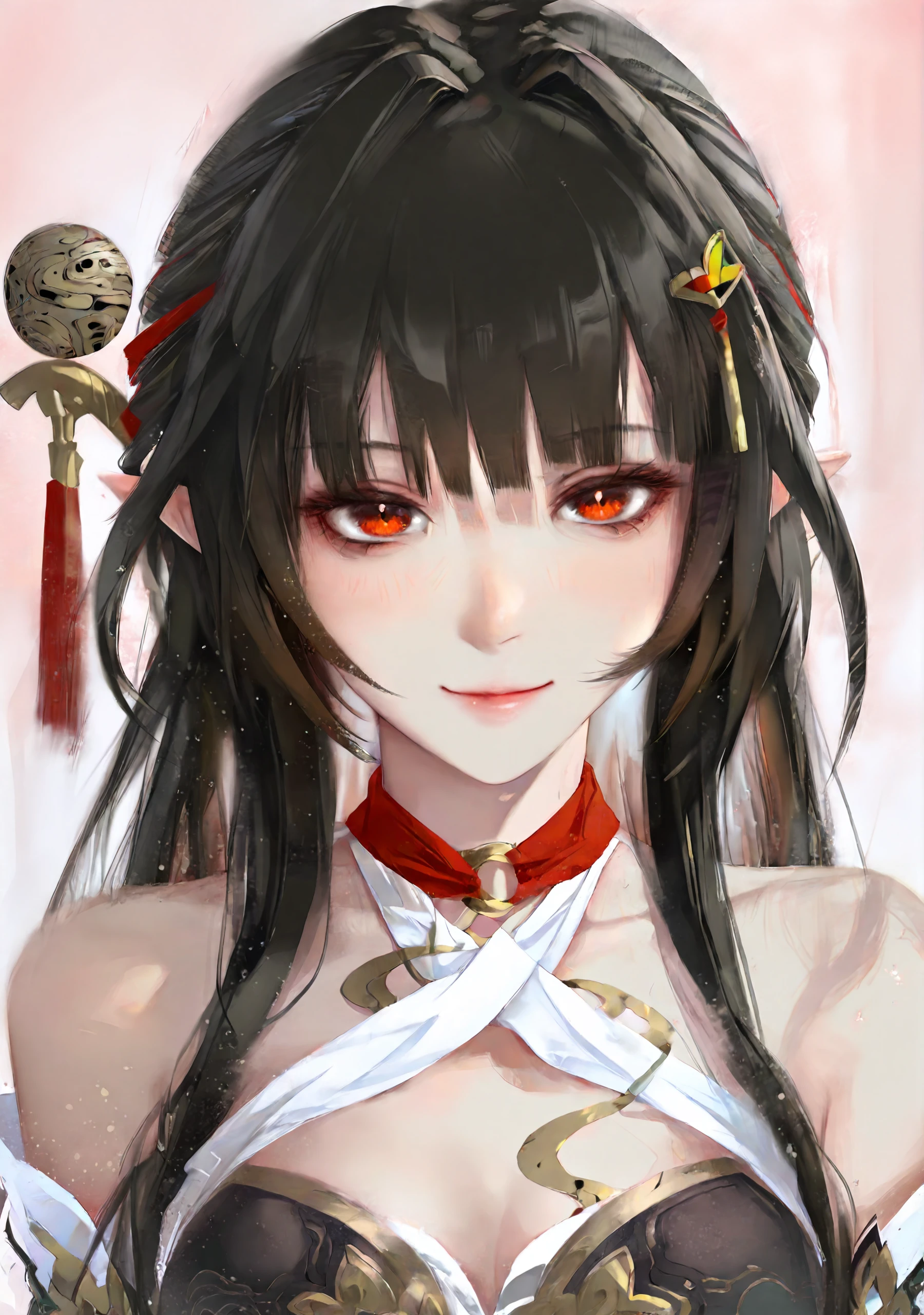 <lora:lingsha-illustrious-000030:1>,masterpiece,best quality,<lora:style60-llustrious:1>,traditional media,
lingsha (honkai: star rail),1girl,solo,halterneck,long hair,black hair,hair ornament,hair intakes,red eyes,pointy ears,upper body,smile,jewelry,tassel,