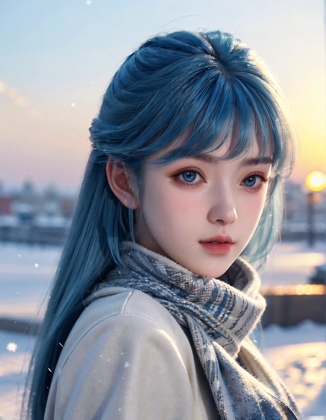 1girl,solo,long hair,bangs,blue hair,blue eyes,happy,coat,scarf,looking at viewer,outdoors,(sunset),snow,snowing,street,(scenery),blurry,portrait,Highly detailed,(ultra-detailed),(best quality,masterpiece:1.5),<lora:20240928-1727465731121:0.65>,