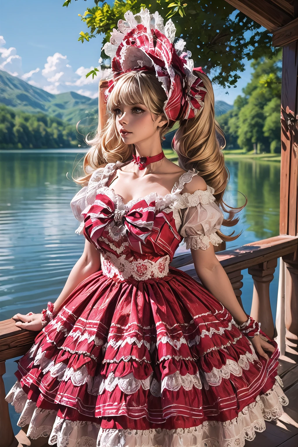 (masterpiece, best quality:1.2),illustration,8k,hd,1 girl,blonde hair,very long hair,solo,(collarbone:1.2),looking at viewer,twintails,
Chrismas G,red dress,short sleeves,puffy sleeves,lace-trimmed dress,frills,lace trim,dress bow,choker,frilled dress,bonnet,ribbon,bare shoulders,big breasts,outdoors,(day, lake:1.5),extremely detailed dress,crystalstexture skin,front view,