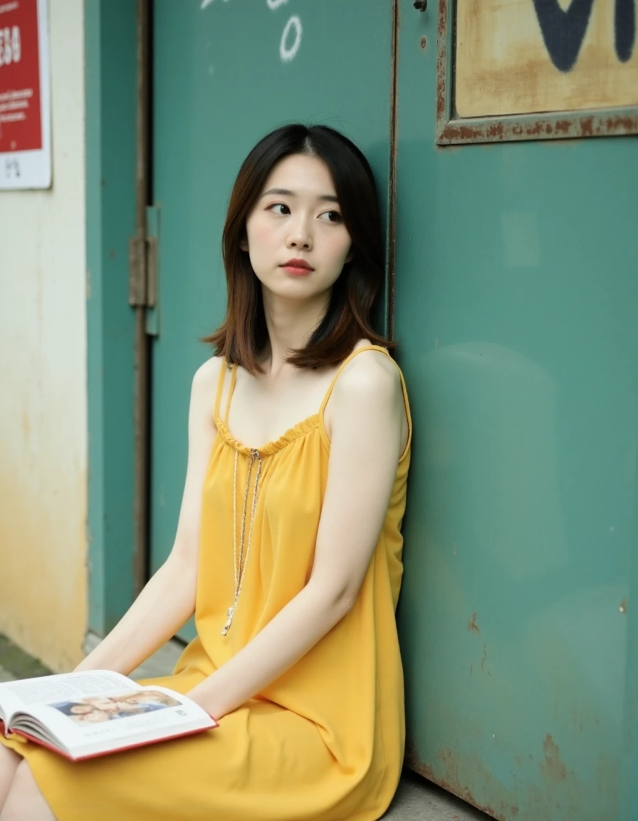 xiancheng, xiancheng, This is a photograph of a young Asian woman sitting outdoors, leaning slightly to her right, with her back against a weathered, teal-green metal door. She has a light olive complexion and straight, shoulder-length brown hair parted in the middle, with a few loose strands framing her face. She is wearing a sleeveless, mustard-yellow, knee-length dress with a gathered bodice and a relaxed, flowing silhouette. The dress appears to be made of a lightweight, cotton-like fabric.She holds an open book in her lap, with a red and white cover, and her expression is contemplative as she gazes off to the side. Her lips are slightly parted, and her eyes are wide, giving her a thoughtful, introspective look. The background features a wall with graffiti and a poster partially visible on the left, and a worn, metal door with a rusted frame on the right. The door has a faded, abstract painting on it, adding to the urban, slightly rundown aesthetic of the setting. The overall mood of the image is one of quiet reflection in an urban environment.,  <lora:xiancheng_F1_V1.0_sampon:1.2>,