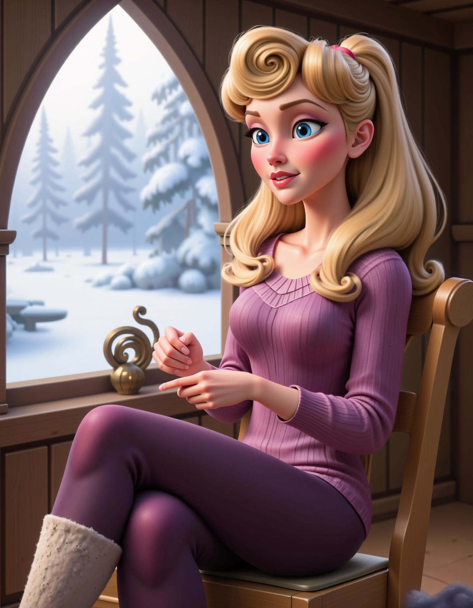 aurora, Briar Rose, casual aurora, Aurora is sitting by the window in a quaint cottage, wearing a soft sweater and leggings, with thick woolen socks. Her hair is tied back with a ribbon, and she’s knitting a scarf, looking out at the peaceful, snowy landscape outside, disney style