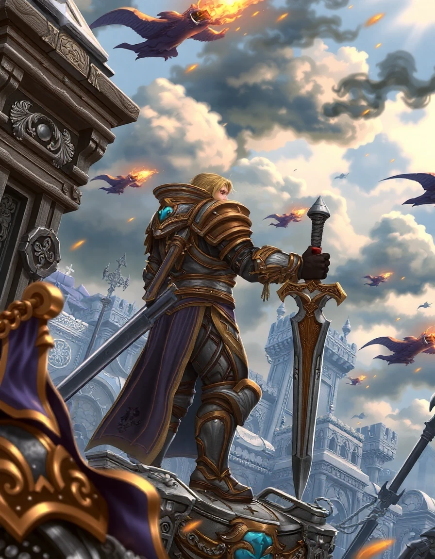 Anduin Wrynn wallpaper, standing in full armor on a cliff overlooking the Undercity. Fiercly looking at the door with his weapon readied./
