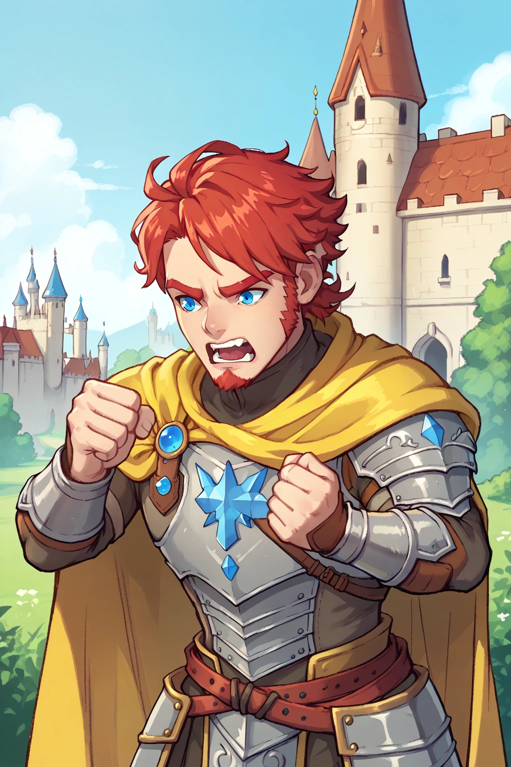 score_9, score_8_up, solo, <lora:NSArloPortia:0.9> NSArloPortia, red hair, blue eyes, goatee, armor, yellow cape, shouting, castle, outdoors