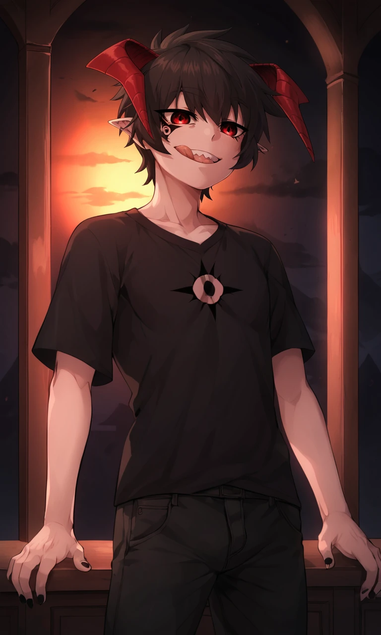 score_9, score_8_up, score_7_up, score_6_up, score_5_up, score_4_up, demonking, male focus, horns, pointy ears, tattoo, black hair, source_anime, solo, boy, skinny, pale skin, black hair, gradient hair, night city, emo jacket, emo t-shirt, emo pants, emo:1.3, emo tattoos:1.3, piercing, tongue out, good teeth, a beautiful eyes, highly detailed, detailed face and eyes, detailed body, accurate anatomy