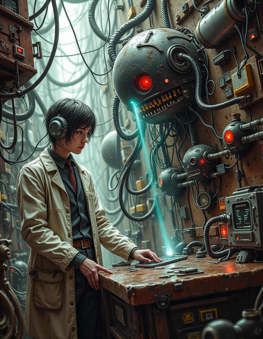 d1st0p14 ,   A scientist in lab attire conducting an experiment with holographic displays and vintage equipment, surrounded by robotic assistants
<lora:dystopia:0.8>