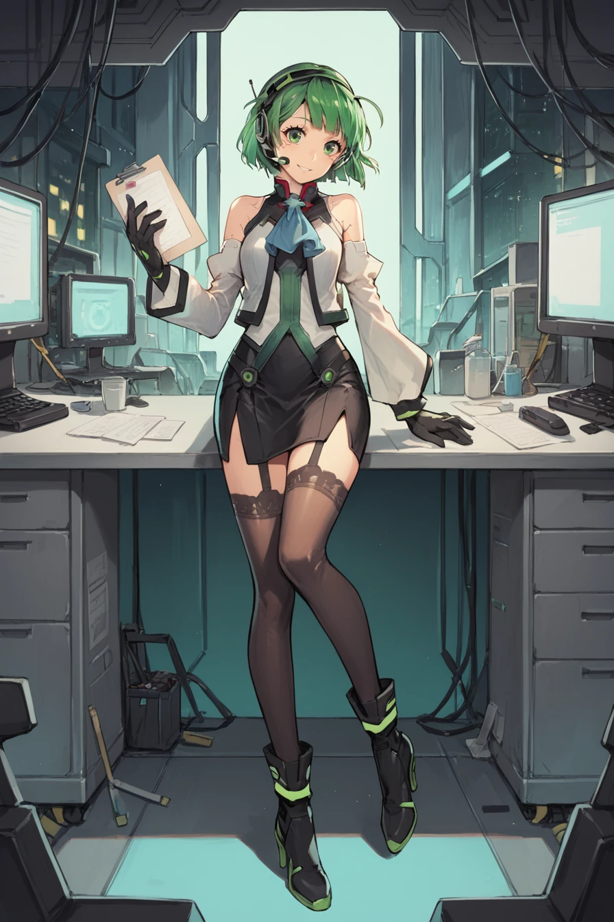 (score_9, score_8_up, score_7_up), source anime,  <lora:Lin:0.7> , lindef, 1girl, solo, green hair, short hair, green eyes, hairband, headset, antennae, radio antenna, blue ascot, bare shoulders, vest, white vest, white shirt, shirt, collared shirt, sleeveless shirt, green trim, gloves, black gloves, skirt, black skirt, pencil skirt, detached sleeves, white sleeves, thighhighs, black thighhighs, boots, high heel boots, high heels, holding clipboard, looking at viewer, full body, smile, (head tilt), <lora:4t4rXLP:0.6> , 4t4r, BREAK
indoor, office, ((cyberpunk)), <lora:backgroundsetXL:0.2> , background,