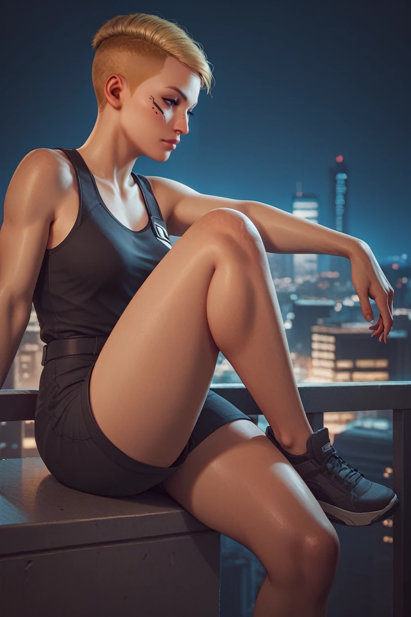 score_9, score_8_up, score_7_up, score_6_up
<lora:CyberSandraDorsett:0.8>
CyberSandraDorsett, 1girl, blonde hair, short hair, sitting on a windowsill, one leg bent, one hand resting on the knee, city skyline at dusk in the background, moody and reflective ambiance