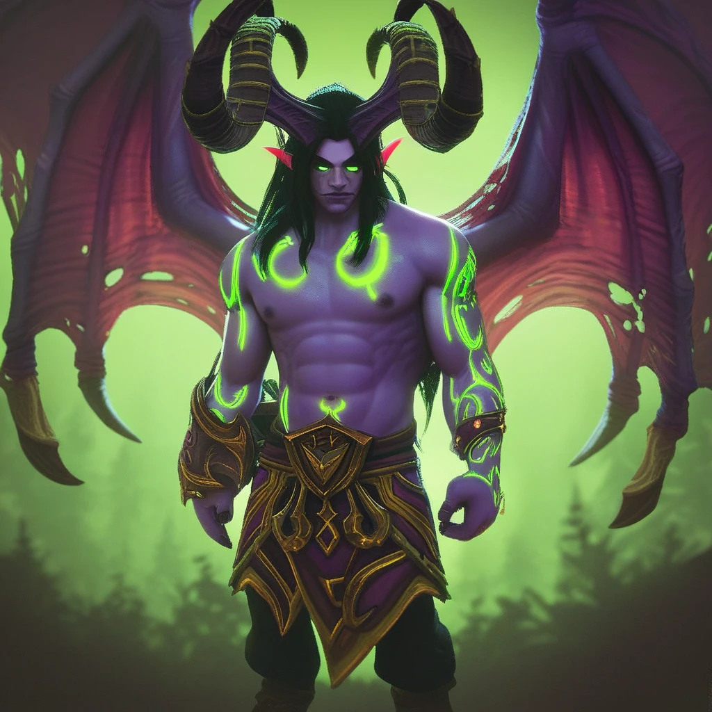 score_9, score_8_up, score_7_up, portrait, beautiful, dramatic lights. <lora:Warcraftupdate:1> Illidan Stormrage. IllidanStormrage. Illidan. Ilidanwc. Ilidanwarcraft. demon. demon boy. horns. hoofs. large horns. tattoos. glowing tattoos.  green tattoos. green glowing tattoos.