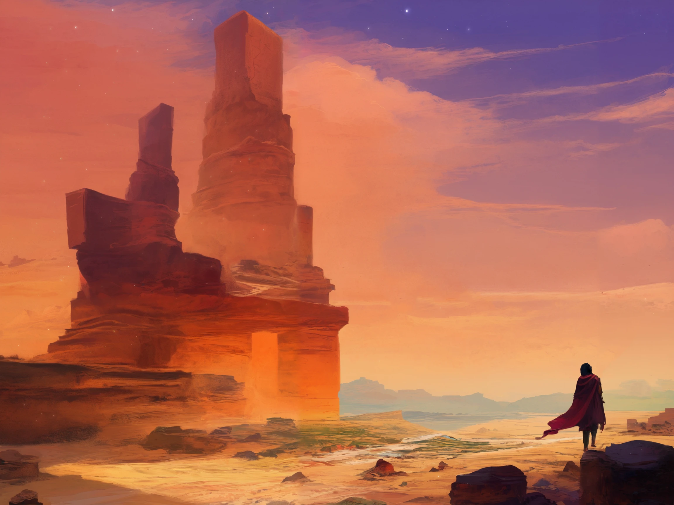  An endless desert at twilight, with massive, undisturbed sand dunes fading into the distance. The setting sun casts long shadows across the dunes, while the first stars begin to emerge in the fading orange and purple sky. A single, ancient stone archway rises from the sand, its weathered surface illuminated softly by the last rays of light, with no signs of technology or man-made objects around.