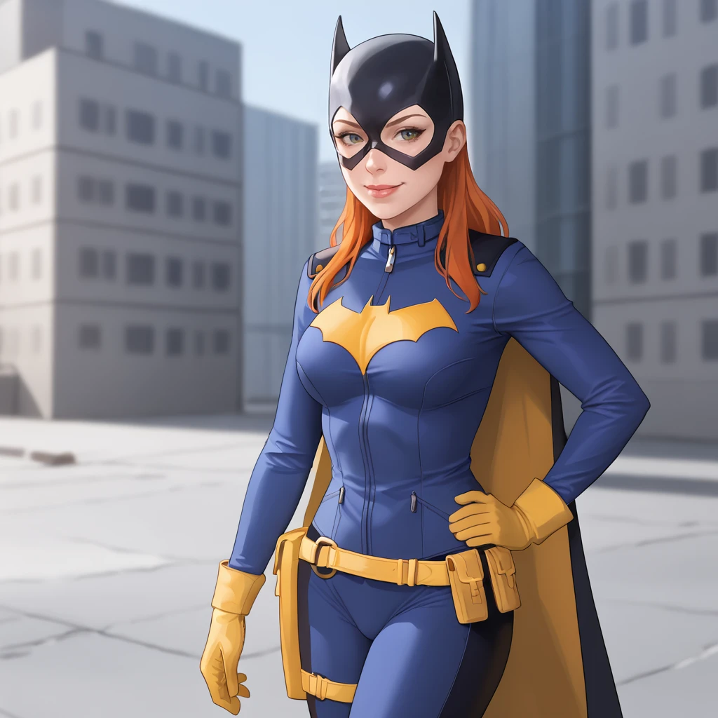 <lora:batgirlburnside_pony_v1:.8>BatgirlBurnside, 1girl, cape, mask, gloves, bodysuit, superhero, medium breasts, orange hair, hands on hips