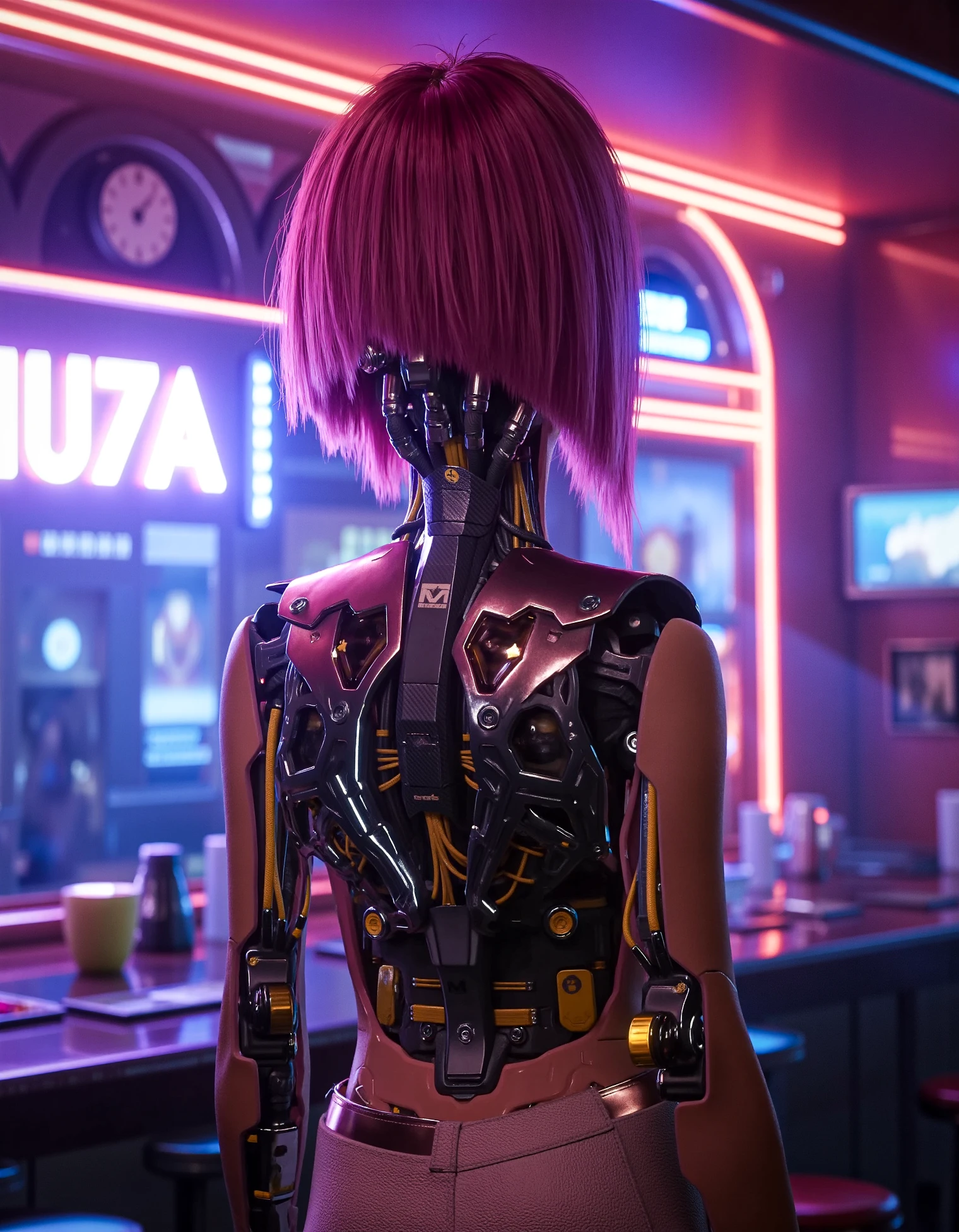 zavy-sngbrd-flx, sngbrd-chrm, the profile of a woman with vibrant purple hair and cyberware back and neck while wearing beige drapes and her cyberware arms uncovered. The environment is a dark atmospheric sci-fi neon filled nightclub