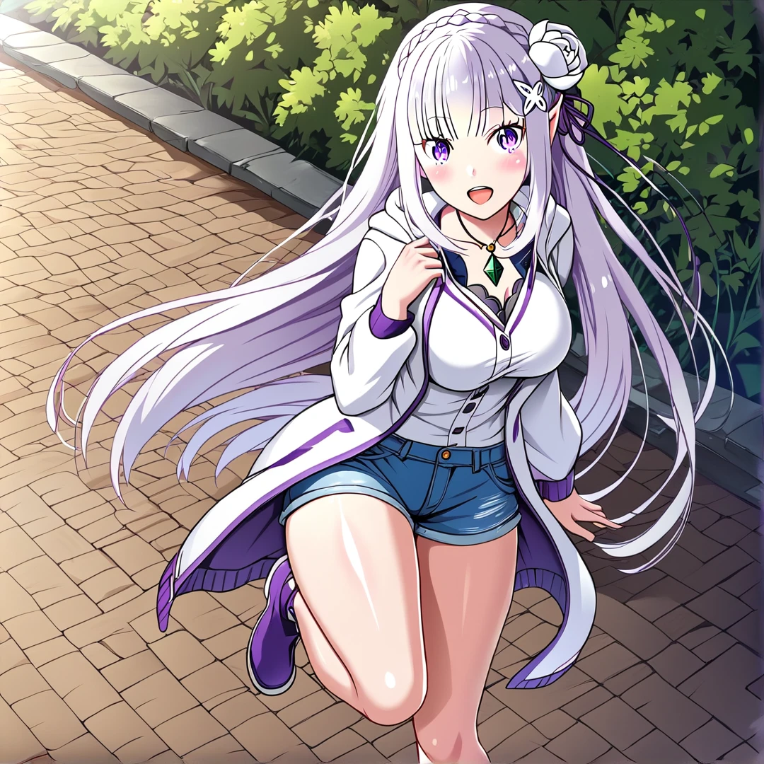 <lora:Emilia:1>, emilia, is a beautiful half-elf, large breasts, big butt, with long silver hair, with a white flower in her hair, purple accessoire in hair, purple-blue eyes, wears a white hoodie, green crystal near chest, with an white and amythyst cardigan, white jeans with amethyst stripes, with a white cloak, and white shoes, solo