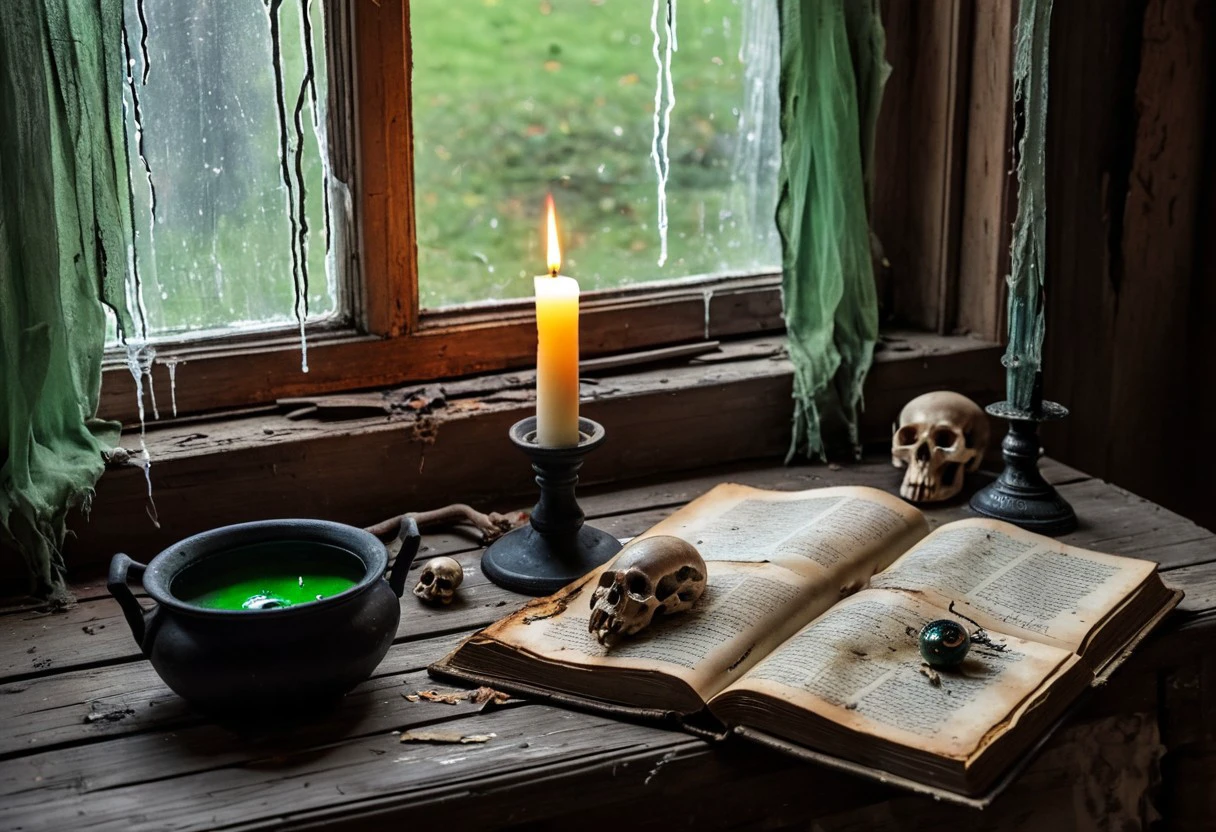 An old wooden table against a dirty widow with tattered curtains and cracked window pane, cobwebs in corner of window frame, a burning candle with wax dripping down its side in a dirty candle holder. an old weathered open spell book is on the table. A black cauldron on the table has a green bubbling liquid inside it, with floating eyeballs, and small rat skulls