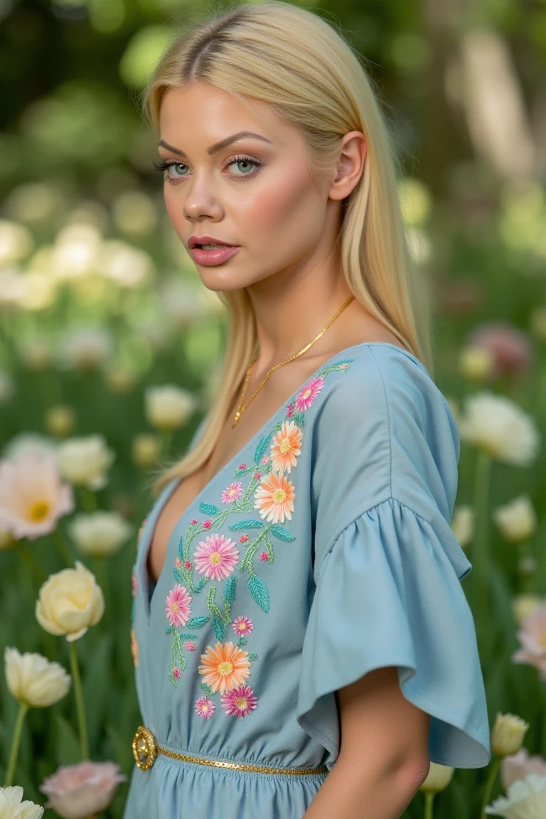 <lora:RileySteeleQuiron_FLUX-000001:1.2> RileySteeleQuiron,  a photograph of  a blonde woman with green eyes,      (Full view, complex, outdoor), (a superb Artisanal Foam carving art, Nano-organic life form), (High quality, Highly detailed, Sharp focus, 8K UHD, Nikon Z7 II, photography),, a  Woman, In a serene garden, amidst blooming flowers and gentle sunlight, a cinematic photo blossoms. Full body shot focus, Photorealistic portrait in breathtaking detail, photo scanned at ultra-high resolution, inspired by Helmut Newton and Peter Lindbergh. Natural light filters through the trees, garden backdrop, a look of quiet joy, dewy skin, hair pulled back in a relaxed ponytail, wearing a light blue summer dress with floral embroidery, a thin gold belt, and white sandals, capturing the essence of spring. 35mm photograph, film, bokeh, professional, 4k, highly detailed, intense color, beautiful, glowing rich colors, creative, innocent, symmetry, perfect,