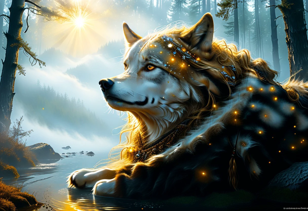 "In the depths of an ancient forest, shrouded in mist, sits ((a wild woman with hair as golden as the sun)). At her feet, curled up in a ball, lies a wolf with eyes shining like stars. Silence reigns between them, broken only by the whisper of the wind and the light breathing of the animals. The wolf, with fur as soft as a cloud, looks calm and trusting, and the wild one looks at him with a gentle smile."