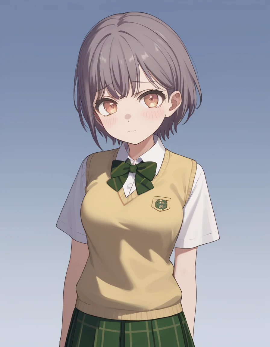 <lora:takamatsu_tomori_PonyXL_V1.1:1>, takamatsu tomori, medium breasts, blush, looking at viewer, shy, blue gradient background, white shirt, collared shirt, yellow sweater vest, green bowtie, short sleeves, pleated skirt, green skirt, plaid skirt, pocket,, score_9, score_8_up, score_7_up