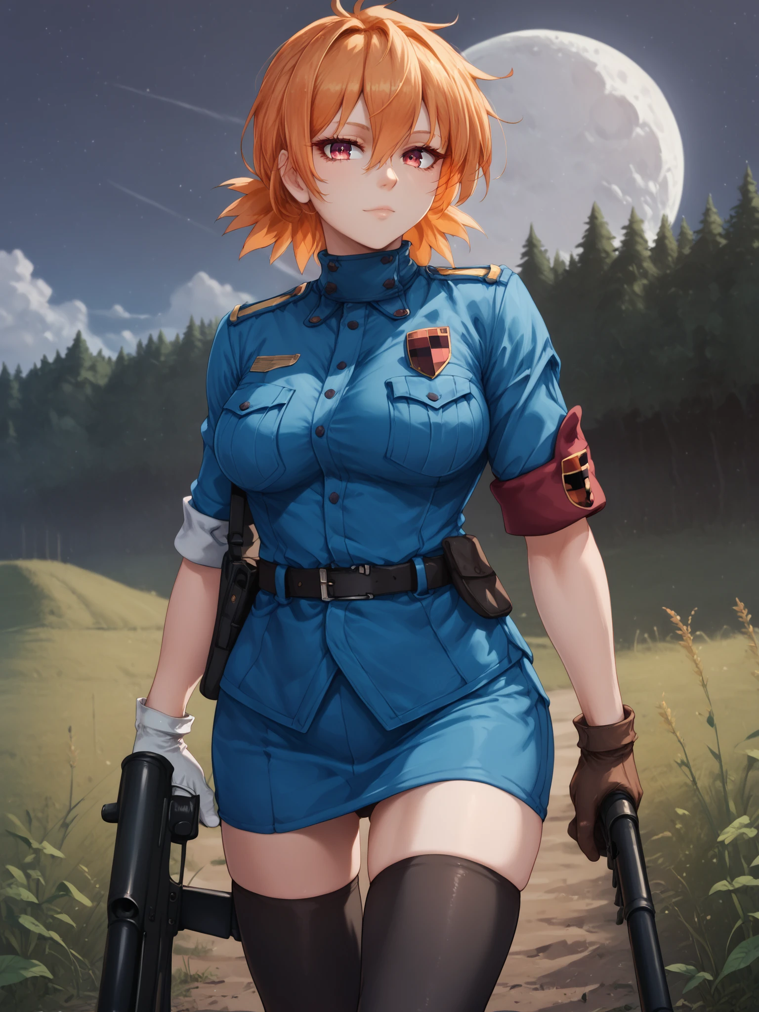 score_9, score_8_up, score_7_up, score_6_up, score_5_up, score_4_up, detailed eyes, beautiful eyes, <lora:PONYXL_FD-MegaBreastPack:0.7> <lora:Seras_Victoria:1> red eyes, military uniform, blue uniform, medium breasts, pale orange hair, cowboy shot, thigh-highs, gloves, sanpaku eyes, holding a giant sniper rifle, walking towards viewer, expressionless, full moon, field, reeds,