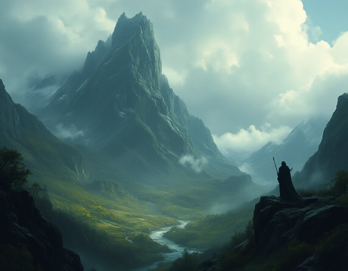 fantstyle, This is a digital illustration in a fantasy art style, depicting a mystical, mountainous landscape. The scene is dominated by a towering, jagged mountain in the background, shrouded in mist and clouds, with its peak lost in the sky. The mountain's base is dark and rugged, covered in a mix of deep green and dark brown tones, giving it a foreboding appearance.
<lora:Fantasy_DnD_Illustration_Style:0.8> fantstyle