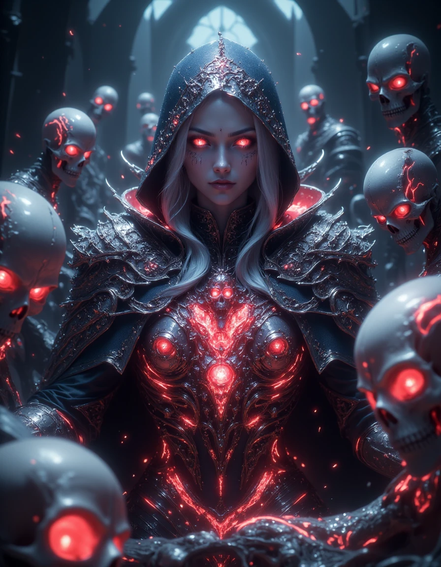 A cinematic shot of a beautiful and evil hooded female necromancer, beautiful face features and white long hair, wearing skull armor, summoning red glowing skeletons around her, glowing skulls, magical effects, cemetary in background, hkdeath, fsstyle<lora:LivingDeathFlux-000001:0.85> <lora:fsstyle:0.85>