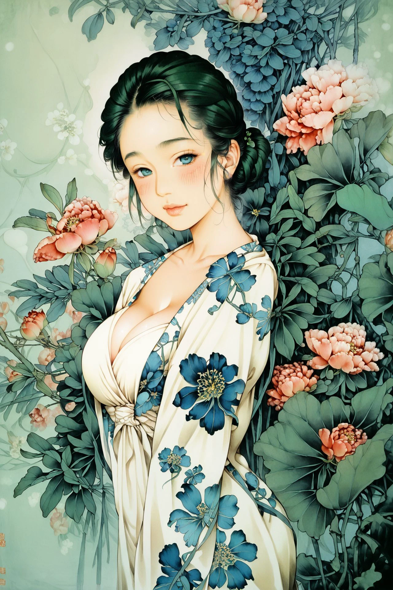 score_7_up, 1girl, solo, blush, looking at viewer, teal eyes, hair_over_one_eye, dark_green hair, large breasts, floral_background, <lora:gongbi_PonyXL_style_v01.10.10.02:1>