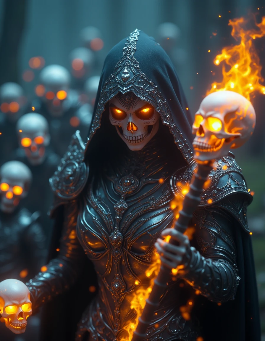 A cinematic shot of a beautiful and evil hooded female necromancer, wearing skull armor, summoning glowing skeletons around her, holding a skull staff, glowing skulls, magical effects, cemetary in background, hkdeath<lora:LivingDeathFlux-000001:1>