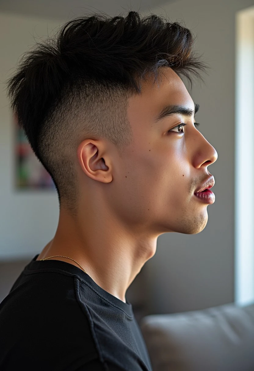 (chengman, 20 yo male, slim athletic), profile, side view, from below, parted lips, casual clothes, abstract background of a living room, close up view, portrait, natural light