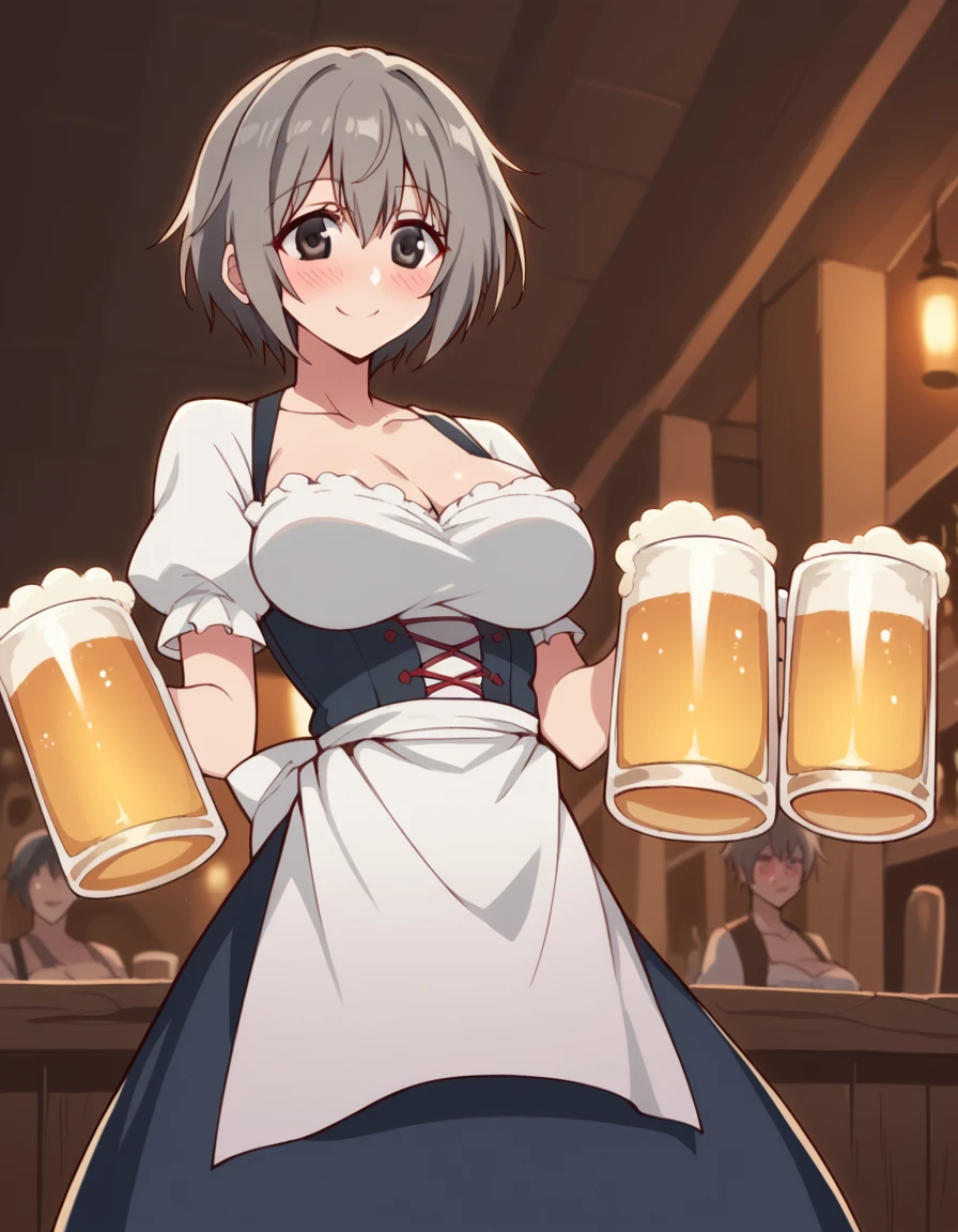 score_9, score_8_up, score_7_up, source_anime, <lora:carol-nastassja-s1-ponyxl-lora-nochekaiser:1>, carol nastassja, short hair, grey hair, black eyes, large breasts,, <lora:dirndl-ponyxl-lora-nochekaiser:1>, dirndl, german clothes, beer mug, collarbone, cleavage, beer, underbust, waist apron,, indoors, bar, smile, blush,, , cowboy shot, dutch angle